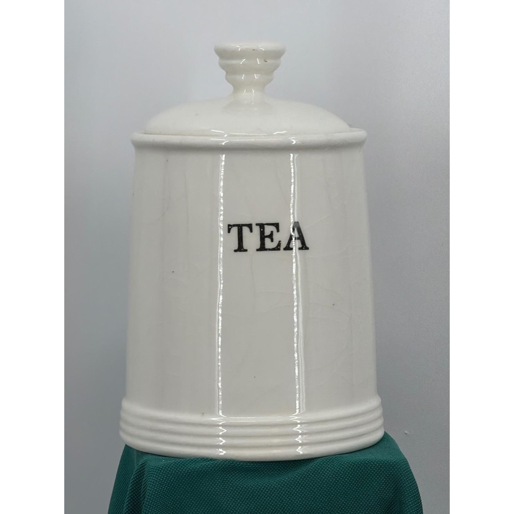 THL Cream Ceramic Tea Canister Jar with Lid Vintage Farmhouse Crazed Glaze